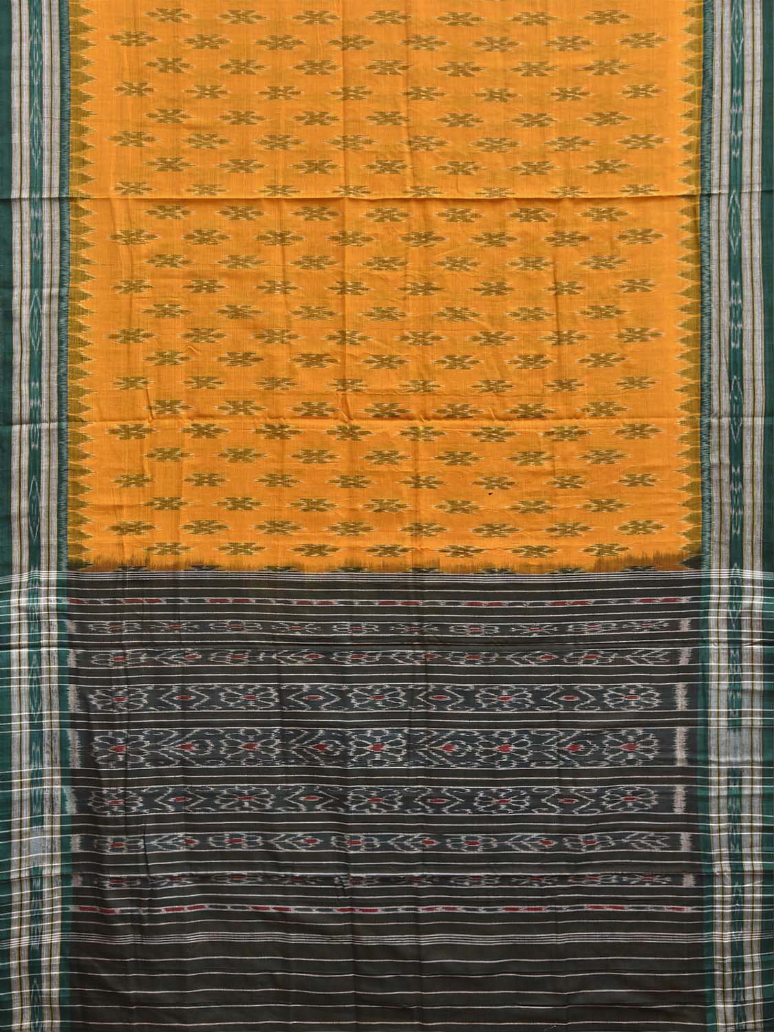 Yellow and Green Ikat Cotton Saree with Body Buta and Pallu Design No Blouse i0994