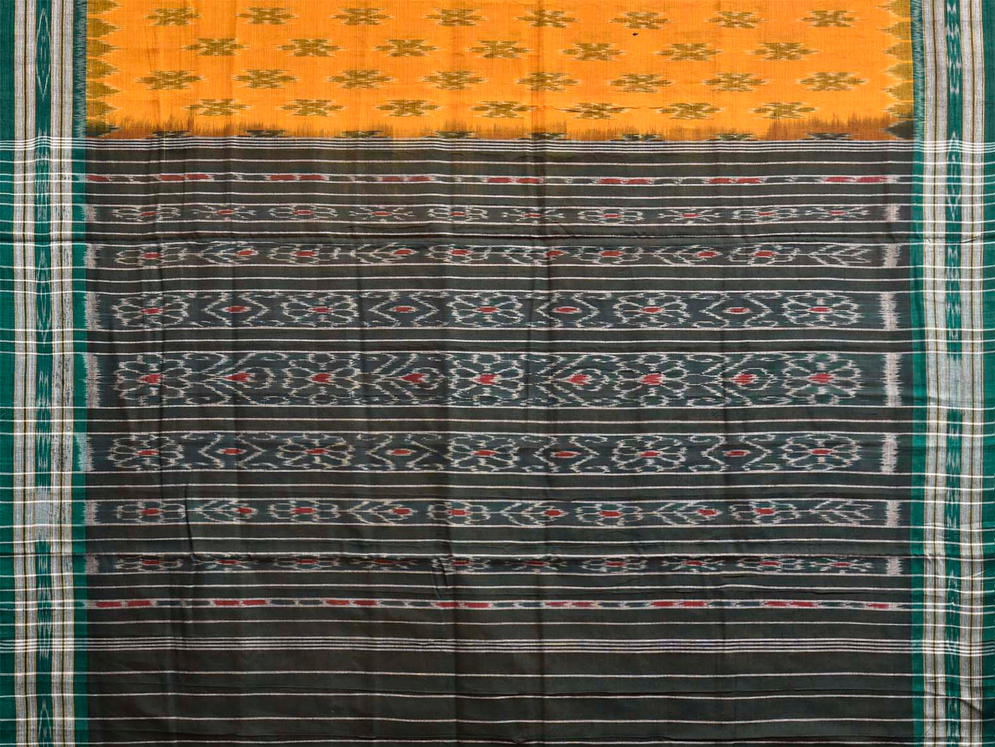 Yellow and Green Ikat Cotton Saree with Body Buta and Pallu Design No Blouse i0994