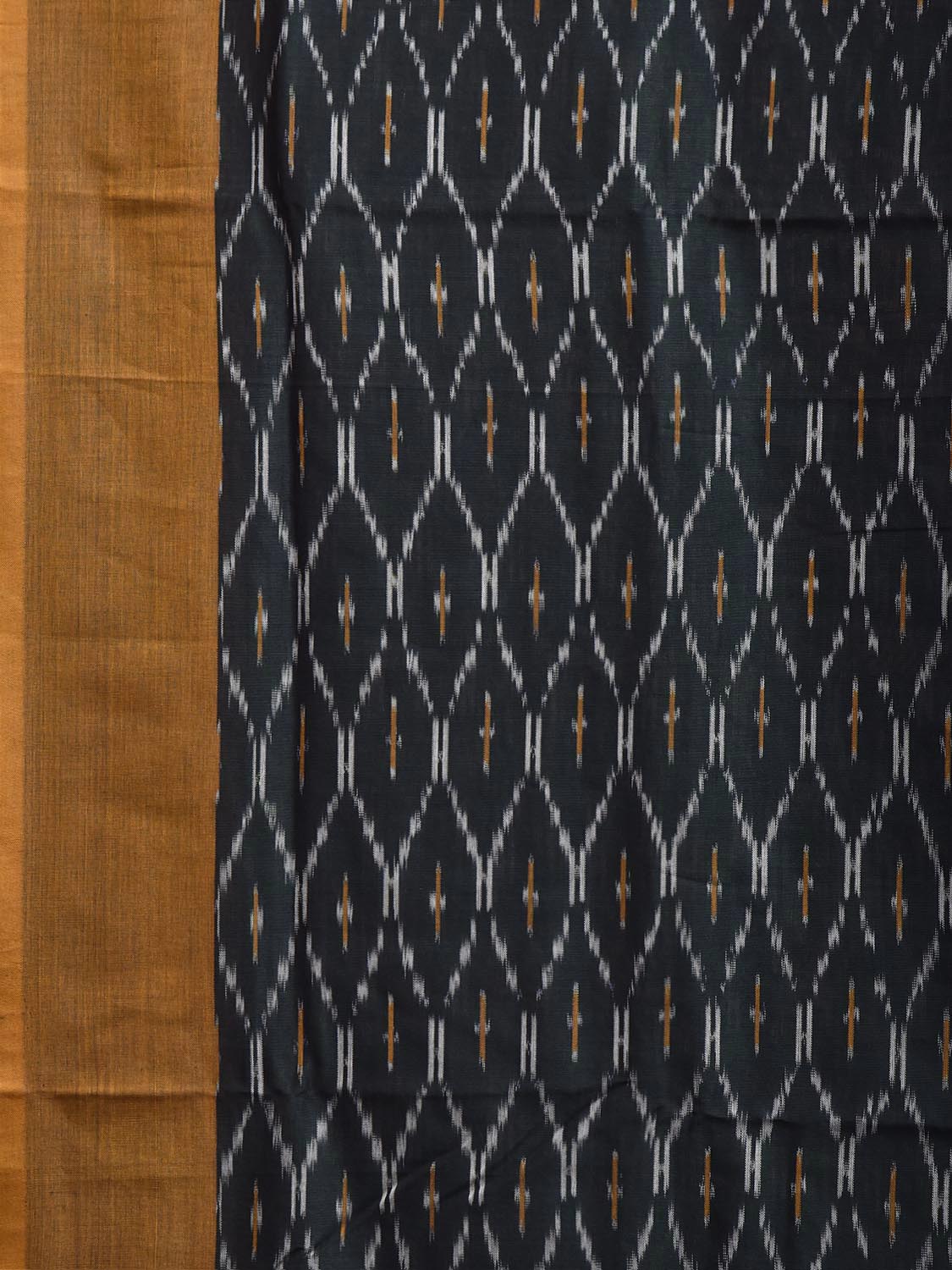 Dark Green and Yellow Pochampally Ikat Cotton Handloom Saree with All Over Grill and Zig-Zag Pallu Design No Blouse i1007