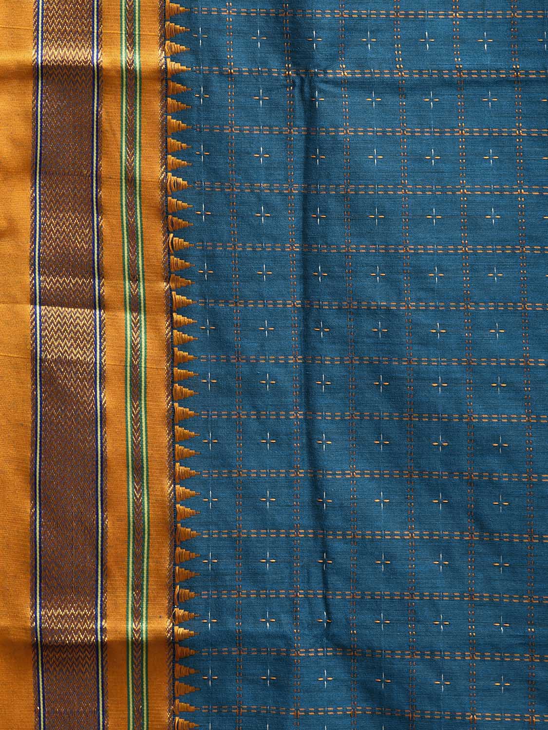 Blue and Yellow ilkal Cotton Viscose Saree with Checks and Strips Pallu Design No Blouse il0007