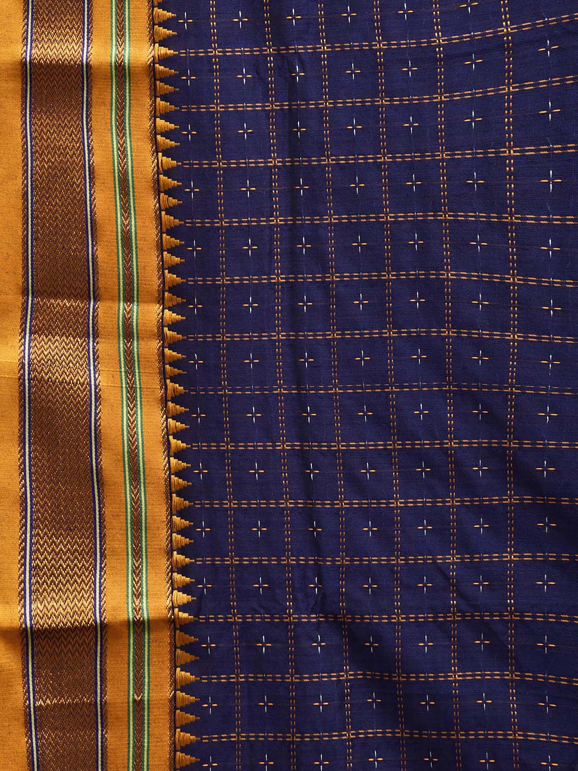 Dark Blue and Yellow ilkal Cotton Viscose Saree with Checks and Strips Pallu Design No Blouse il0012