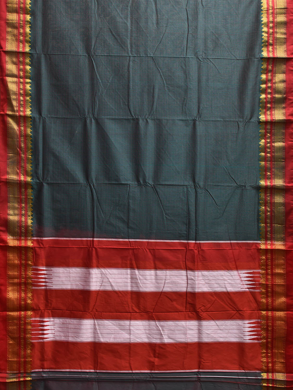 Teal and Red ilkal Viscose Silk Saree with Checks and Contrast Teni Tope Kammi Pallu Design il0020