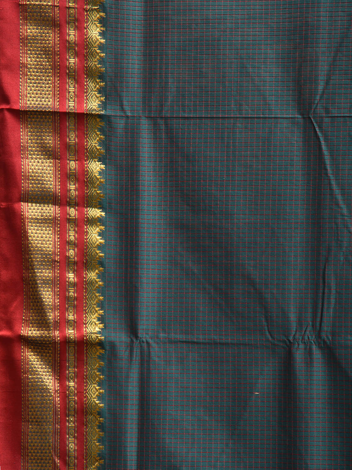 Teal and Red ilkal Viscose Silk Saree with Checks and Contrast Teni Tope Kammi Pallu Design il0020