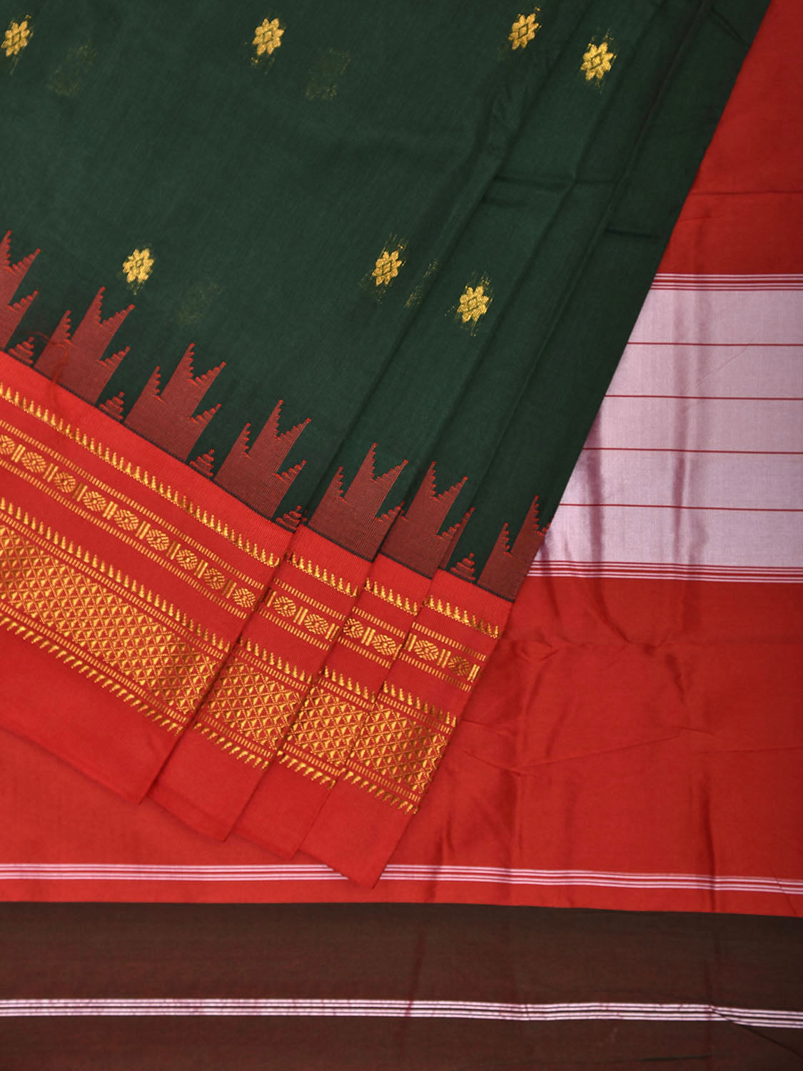 Green and Red ilkal Viscose Silk Saree with Temple Border and Contrast Teni Tope Kammi Pallu Design il0025