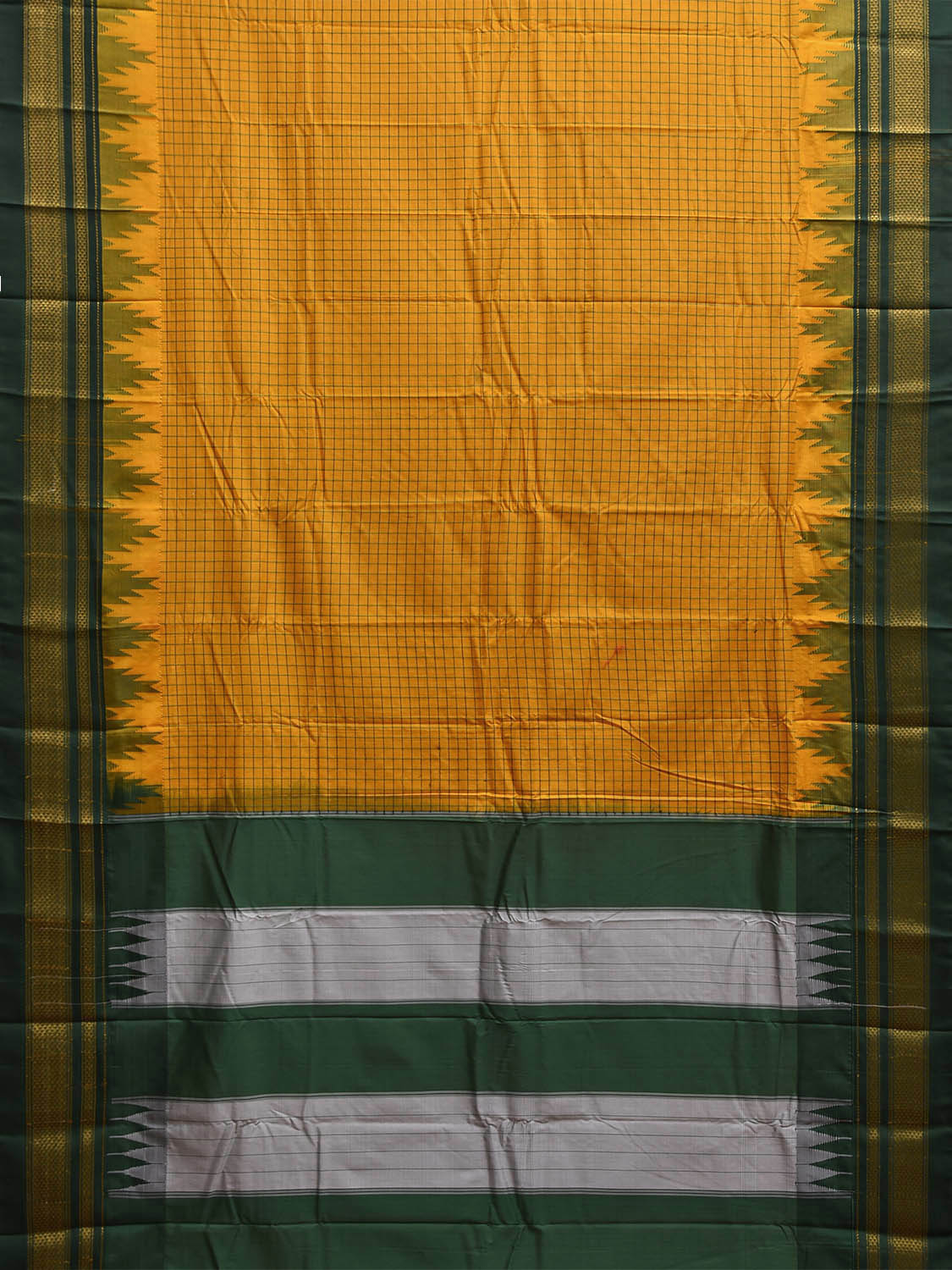 Yellow and Green ilkal Viscose Silk Saree with Checks and Temple Border Design il0032