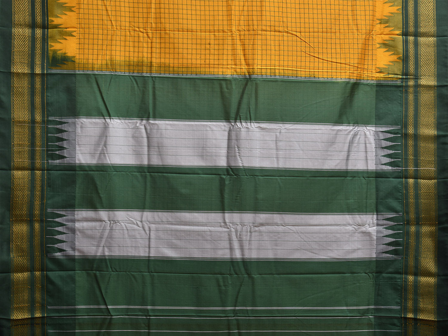 Yellow and Green ilkal Viscose Silk Saree with Checks and Temple Border Design il0032