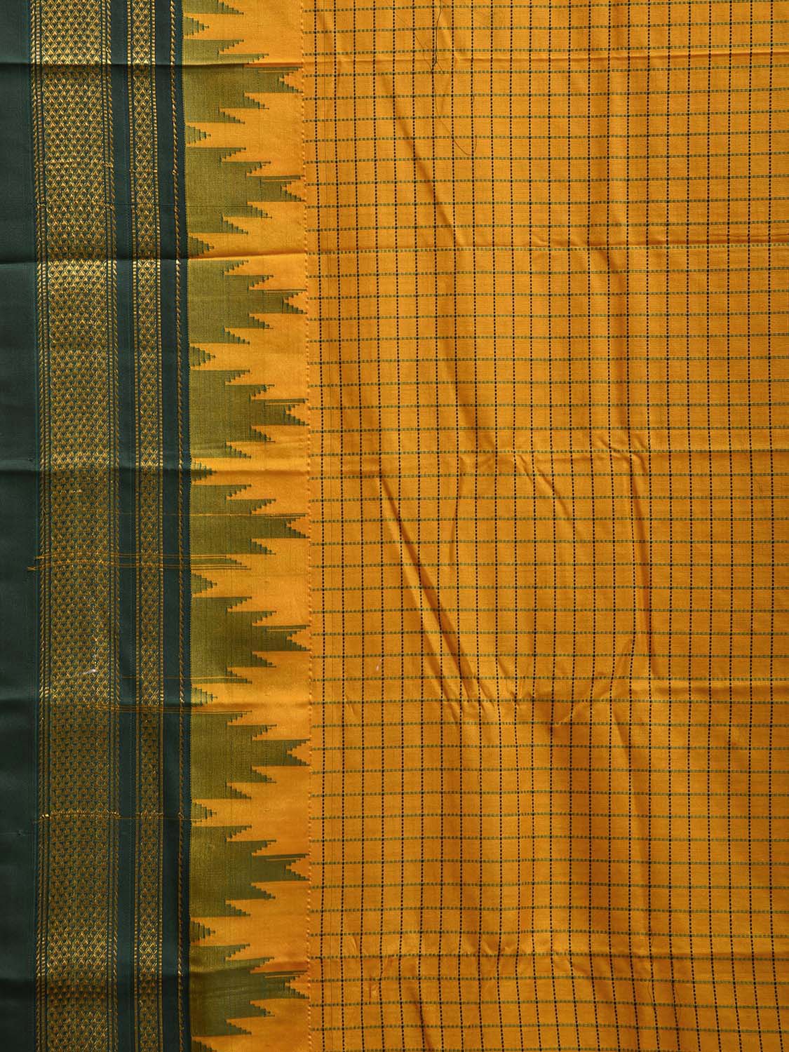 Yellow and Green ilkal Viscose Silk Saree with Checks and Temple Border Design il0032