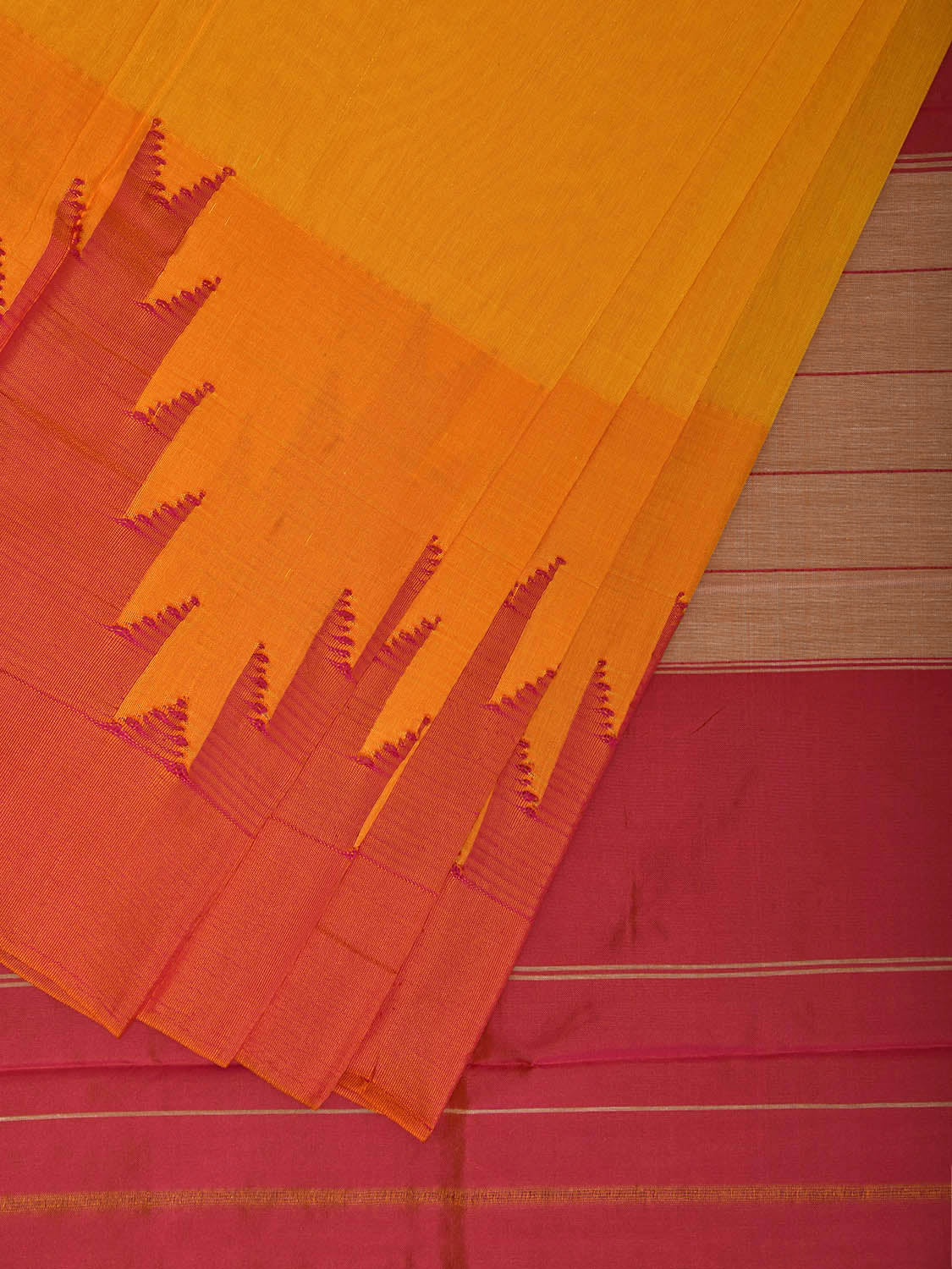 Yellow and Pink ilkal Viscose Plain Saree with Big Temple Border Design il0046