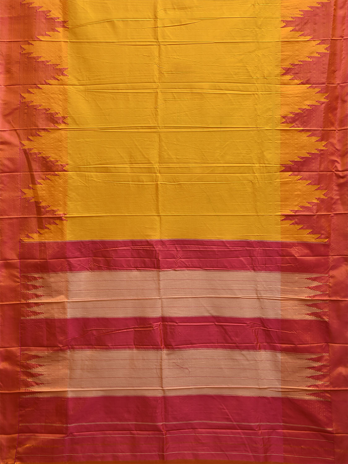 Yellow and Pink ilkal Viscose Plain Saree with Big Temple Border Design il0046