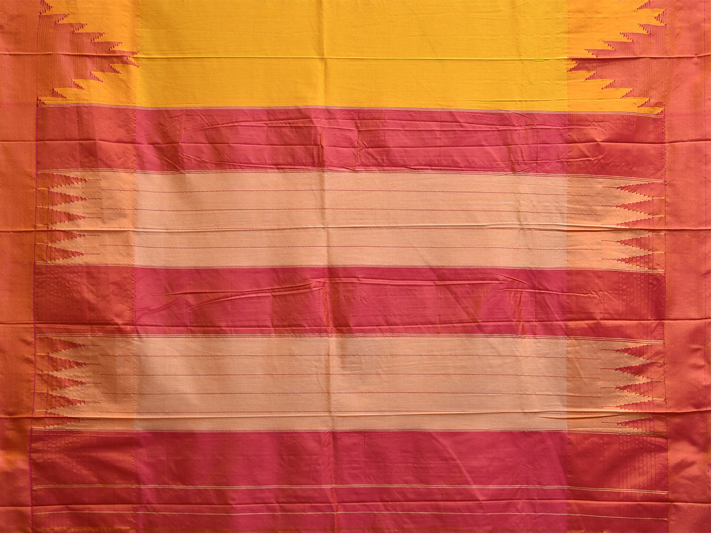 Yellow and Pink ilkal Viscose Plain Saree with Big Temple Border Design il0046