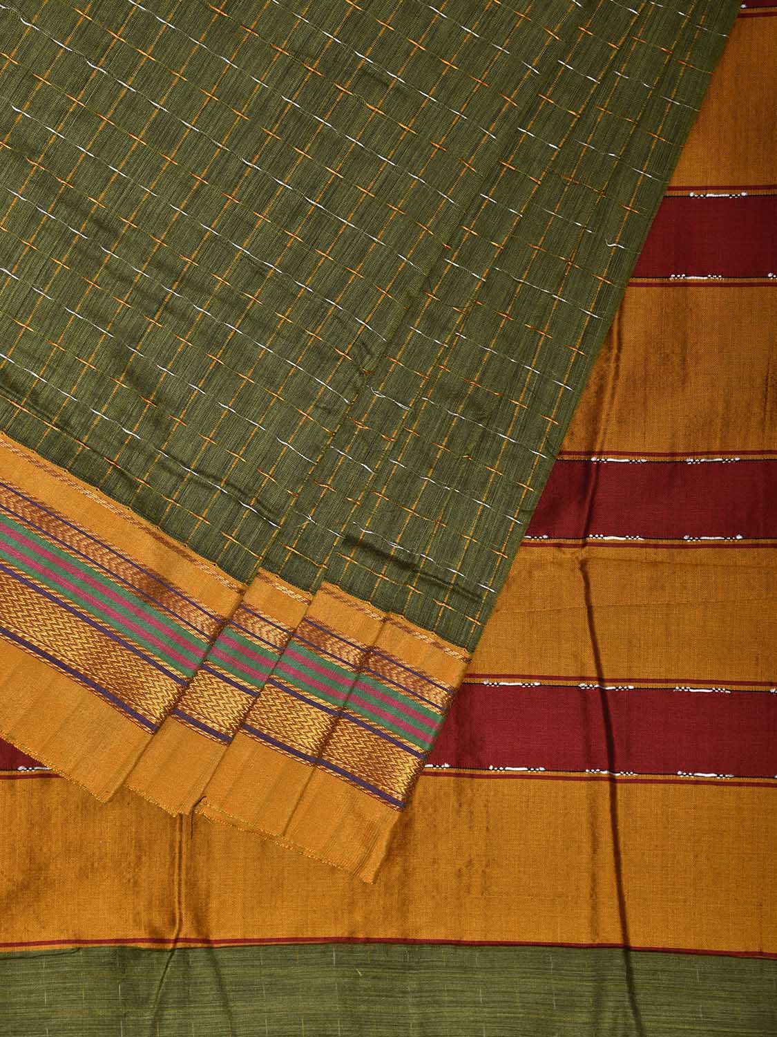 Green and Yellow ilkal Cotton Viscose Saree with Strips Pallu Design No Blouse il0068