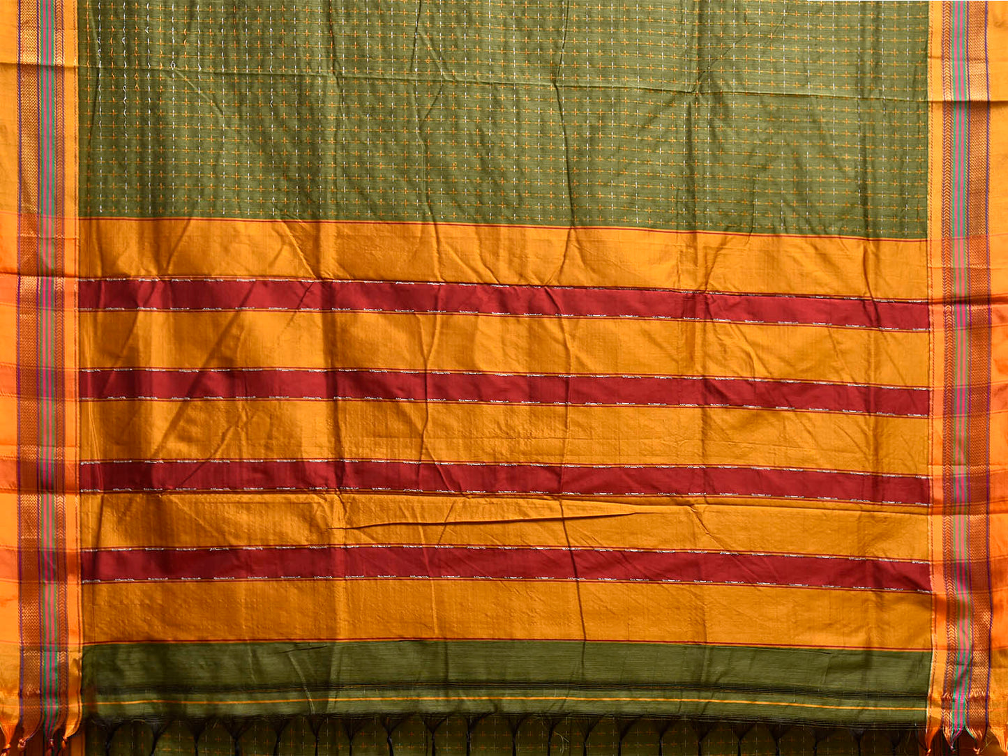 Green and Yellow ilkal Cotton Viscose Saree with Strips Pallu Design No Blouse il0068