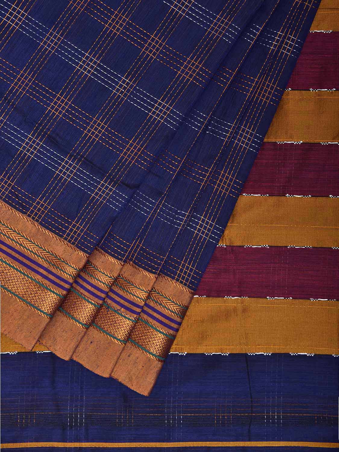 Blue and Yellow ilkal Cotton Viscose Saree with Checks and Strips Pallu Design il0070