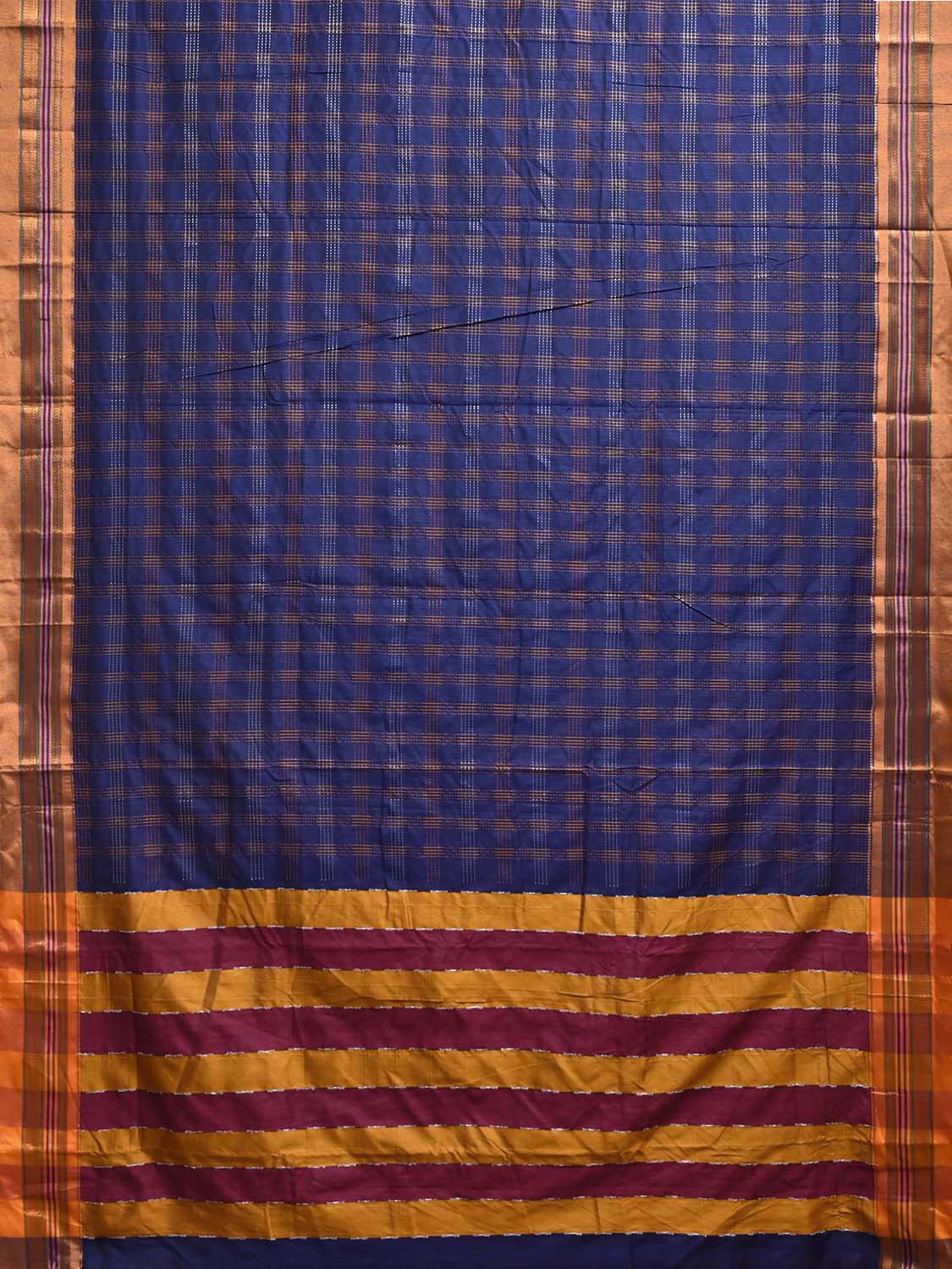 Blue and Yellow ilkal Cotton Viscose Saree with Checks and Strips Pallu Design il0070