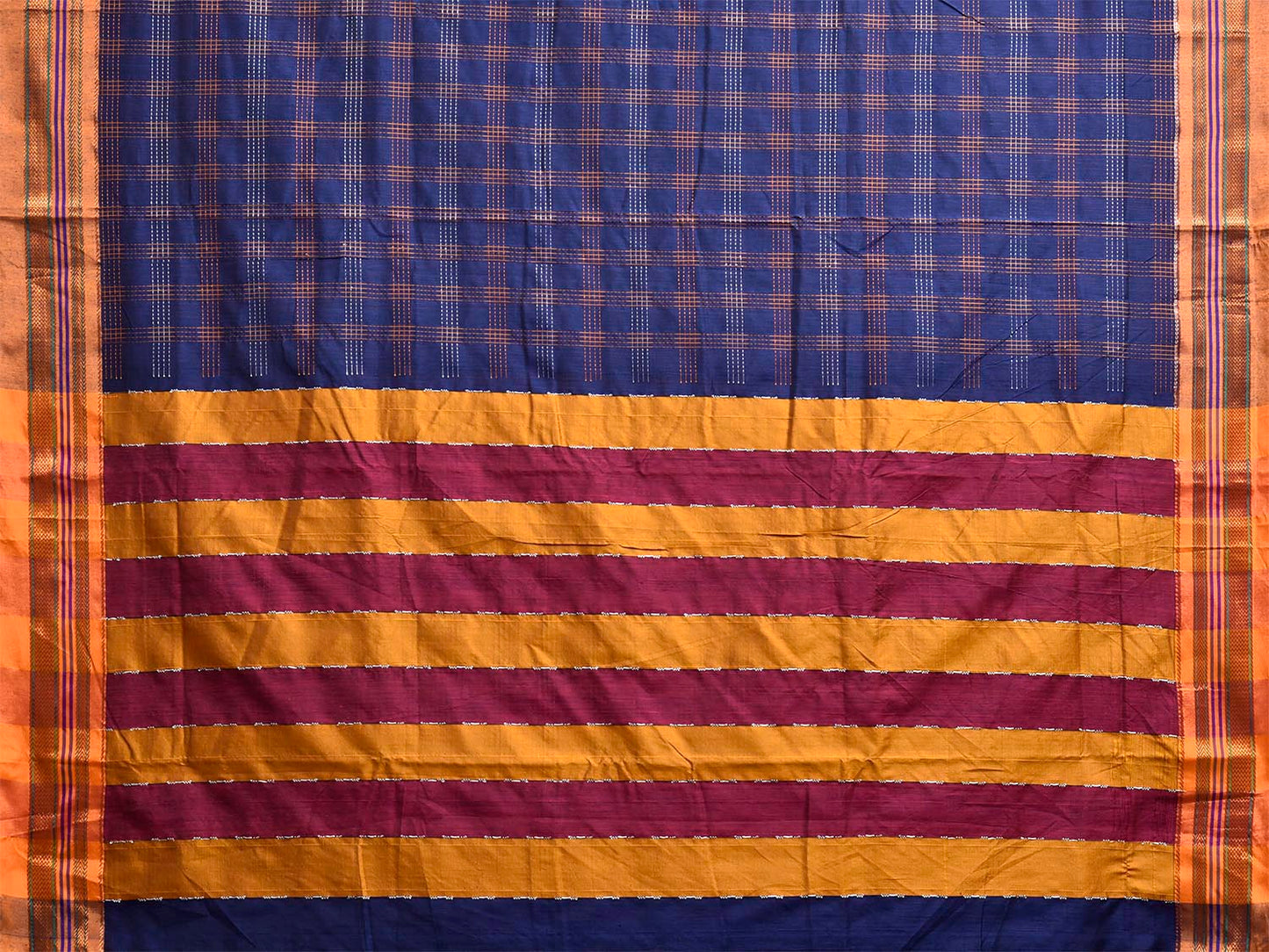 Blue and Yellow ilkal Cotton Viscose Saree with Checks and Strips Pallu Design il0070