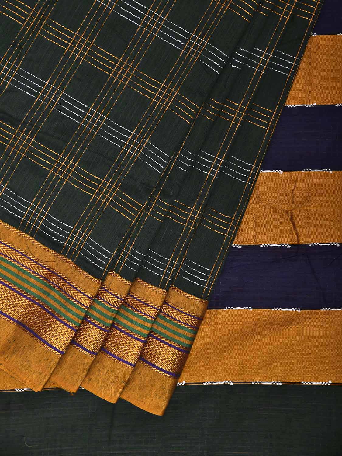 Green and Yellow ilkal Cotton Viscose Saree with Checks and Strips Pallu Design il0071