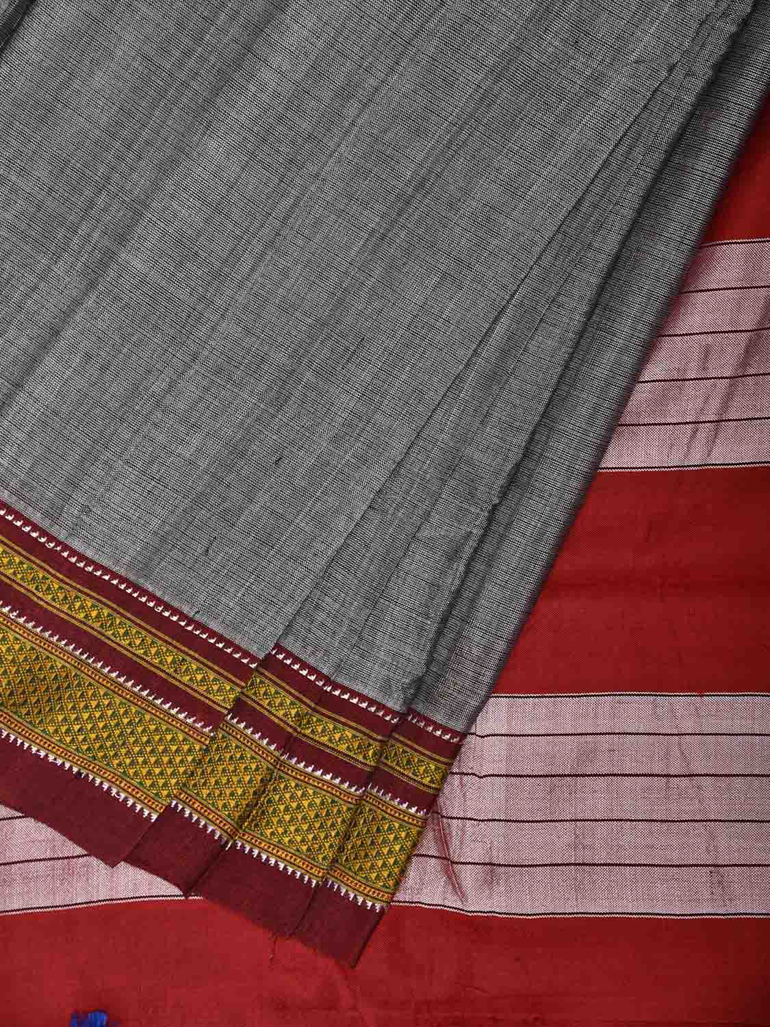 Grey and Red ilkal Viscose Plain Saree with Contrast Pallu Design il0072