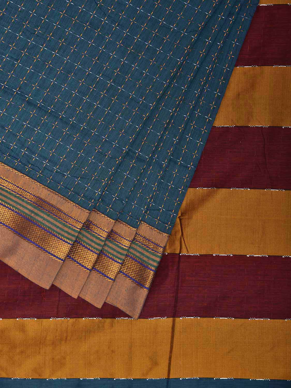 Teal and Yellow ilkal Cotton Viscose Saree with Checks and Strips Pallu Design il0074