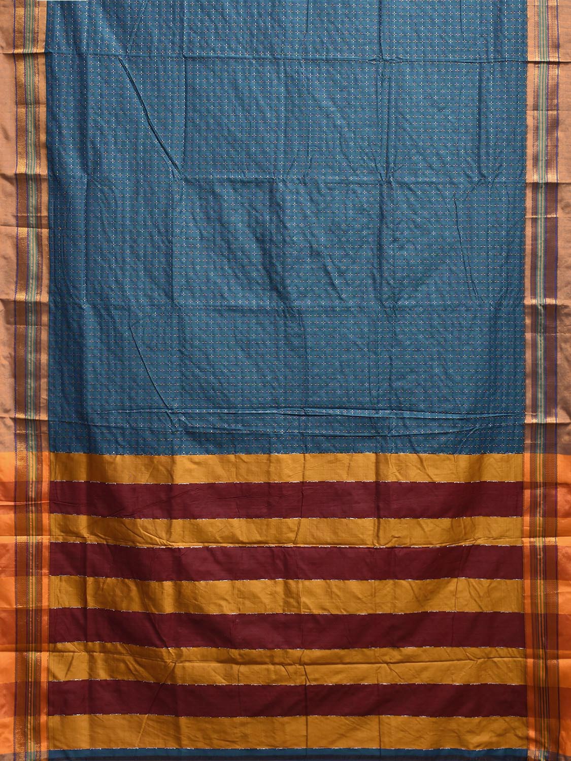 Teal and Yellow ilkal Cotton Viscose Saree with Checks and Strips Pallu Design il0074