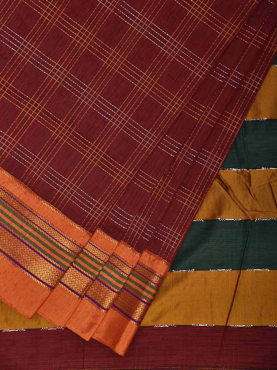 Maroon and Yellow ilkal Cotton Viscose Saree with Checks and Strips Pallu Design il0075