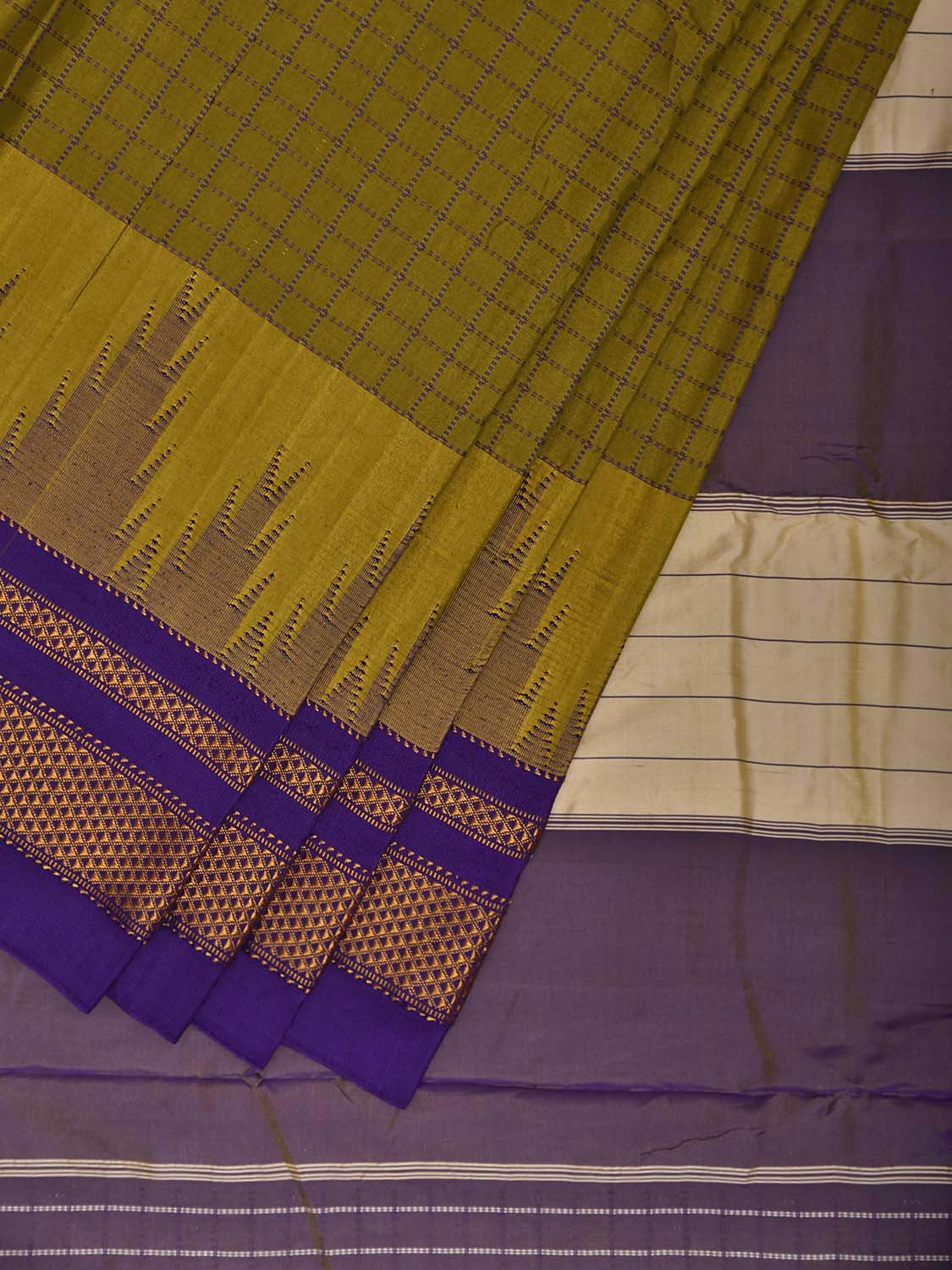 Olive and Dark Blue ilkal Viscose Saree with Checks and Temple Border Design il0077