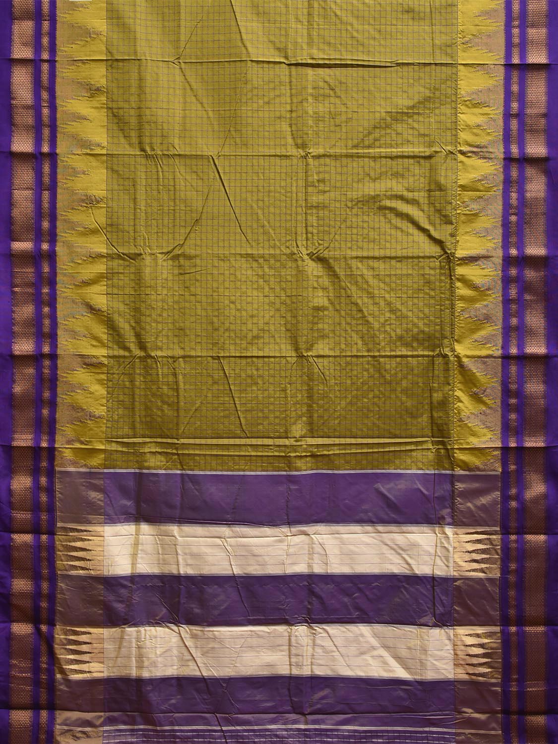 Olive and Dark Blue ilkal Viscose Saree with Checks and Temple Border Design il0077