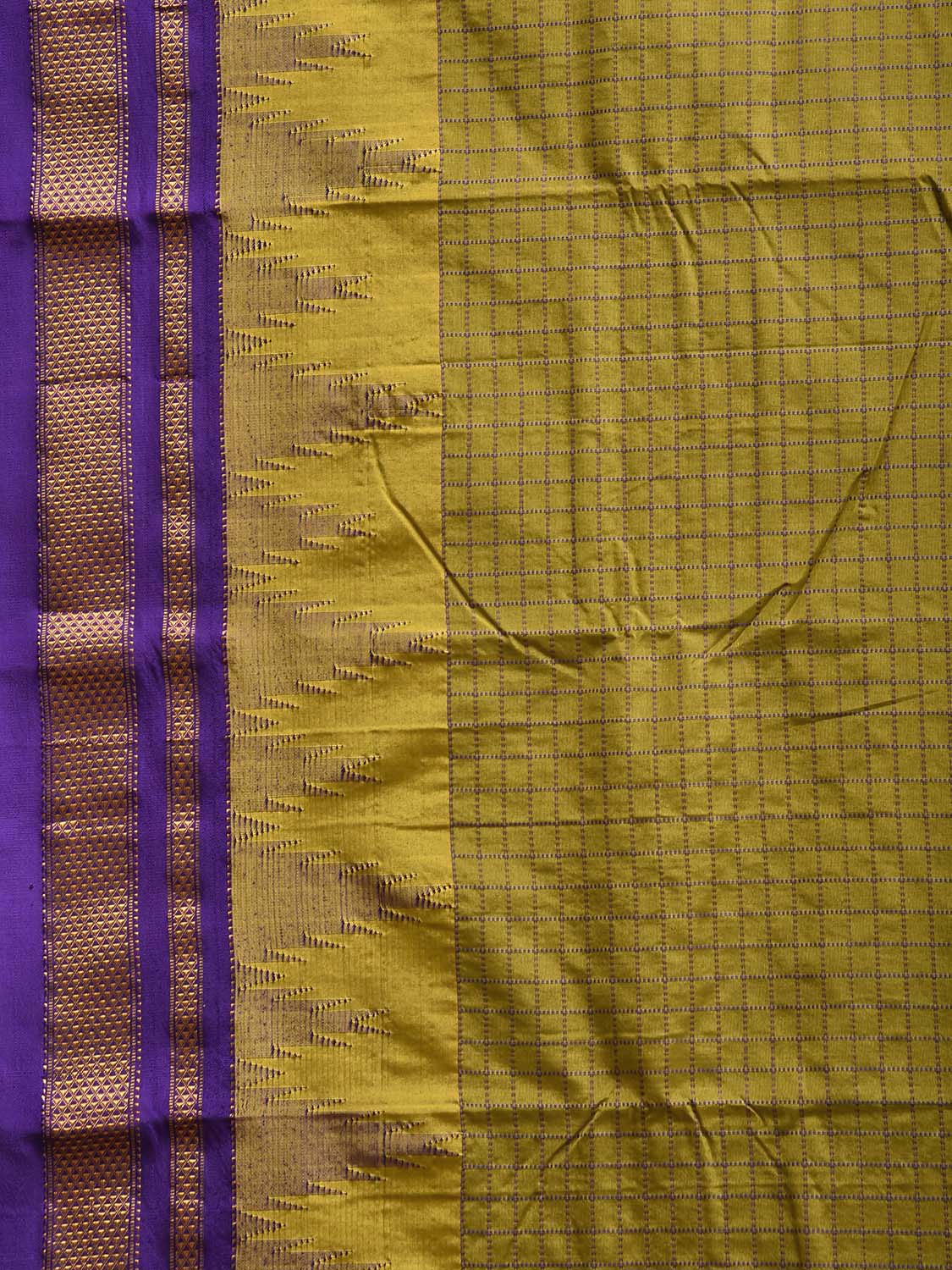 Olive and Dark Blue ilkal Viscose Saree with Checks and Temple Border Design il0077