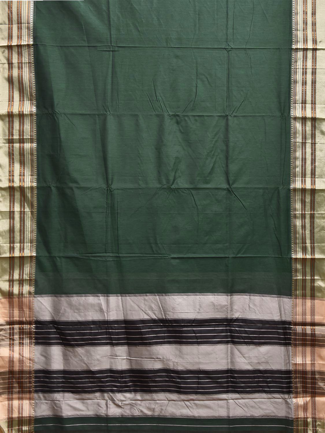 Green and White ilkal Cotton Viscose Plain Saree with Strips Pallu Design il0079
