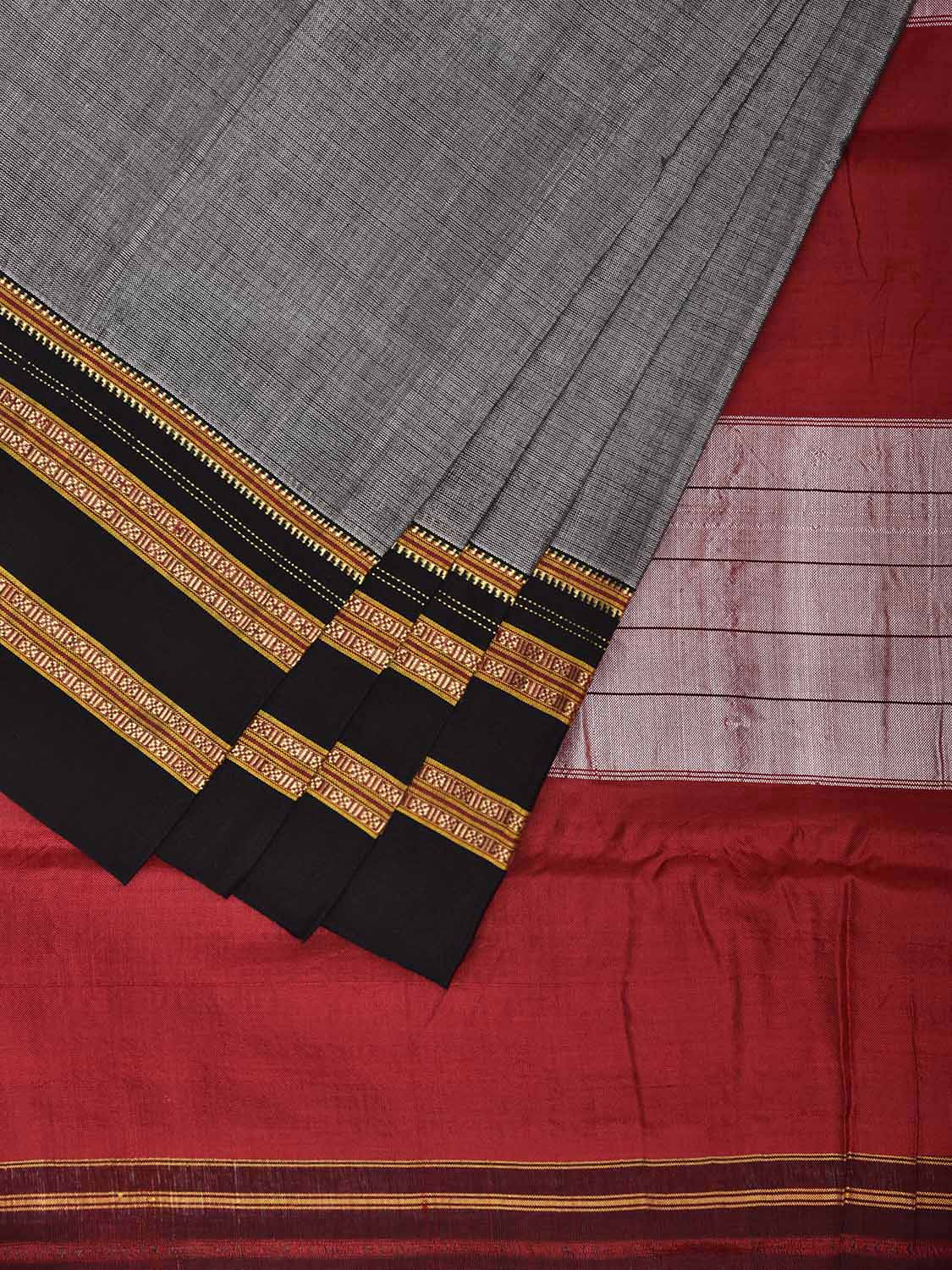 Grey and Red ilkal Viscose Plain Saree with Two Sided Pallu Design No Blouse il0083