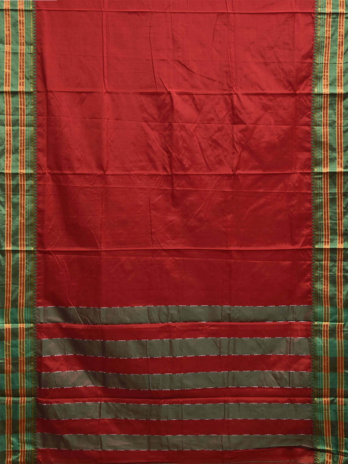 Red and Green ilkal Viscose Plain Saree with Strips Pallu Design No Blouse il0090