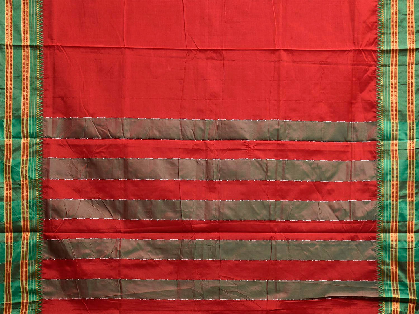 Red and Green ilkal Viscose Plain Saree with Strips Pallu Design No Blouse il0090