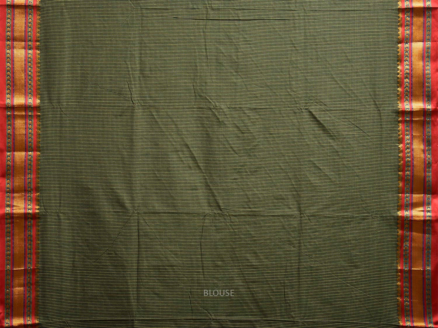 Dark Green and Red ilkal Viscose Saree with Small Checks and Strips Pallu Design il0093