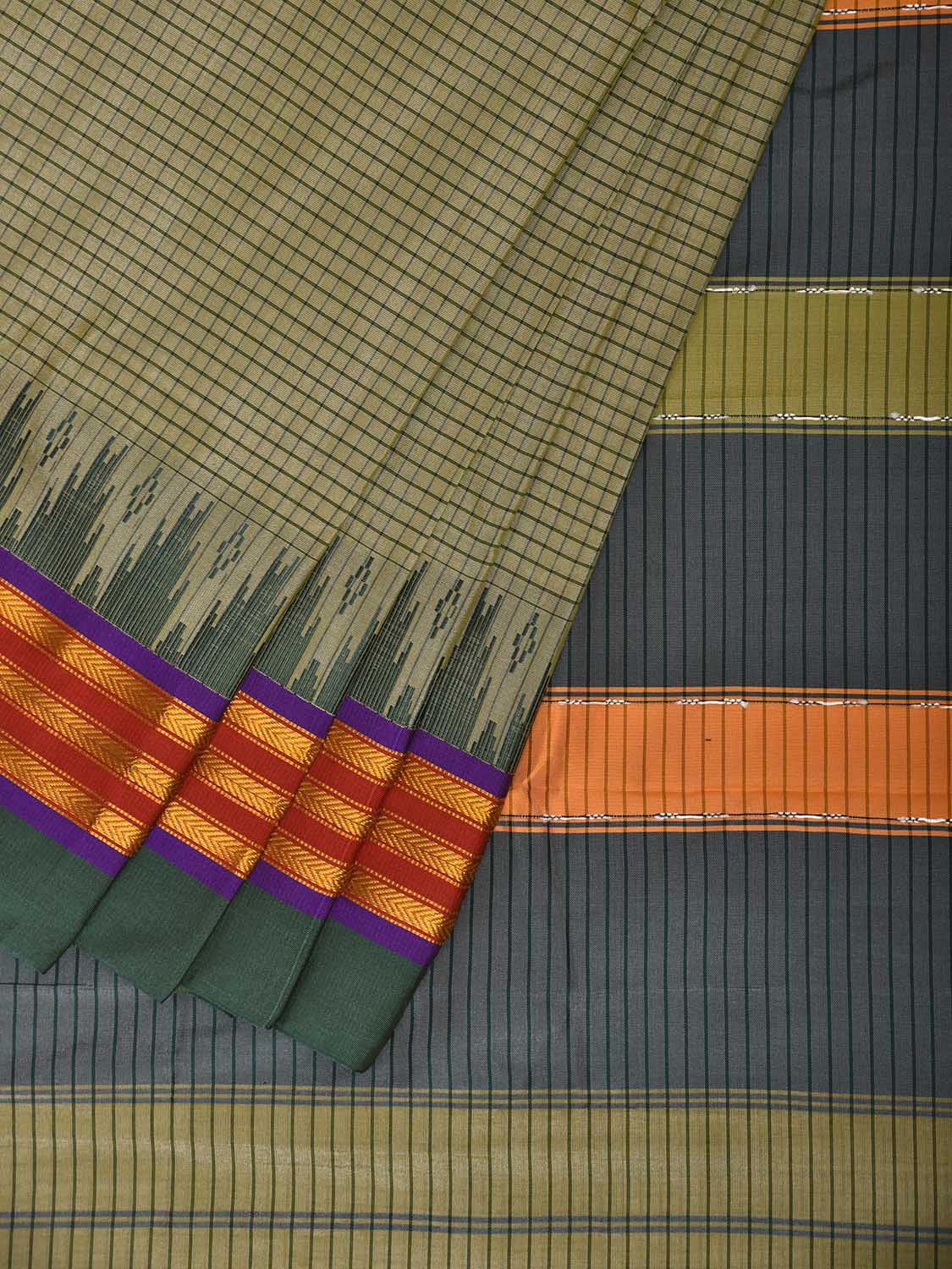 Sea Green and Grey ilkal Viscose Saree with Checks and Strips Pallu Design il0094