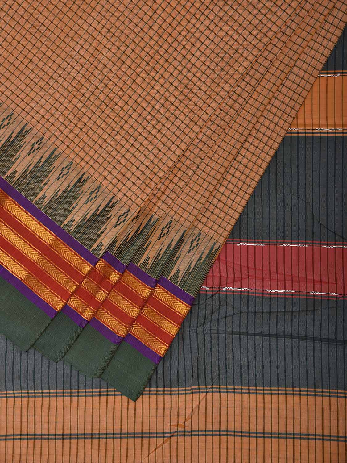 Cream and Grey ilkal Viscose Saree with Checks and Strips Pallu Design il0097