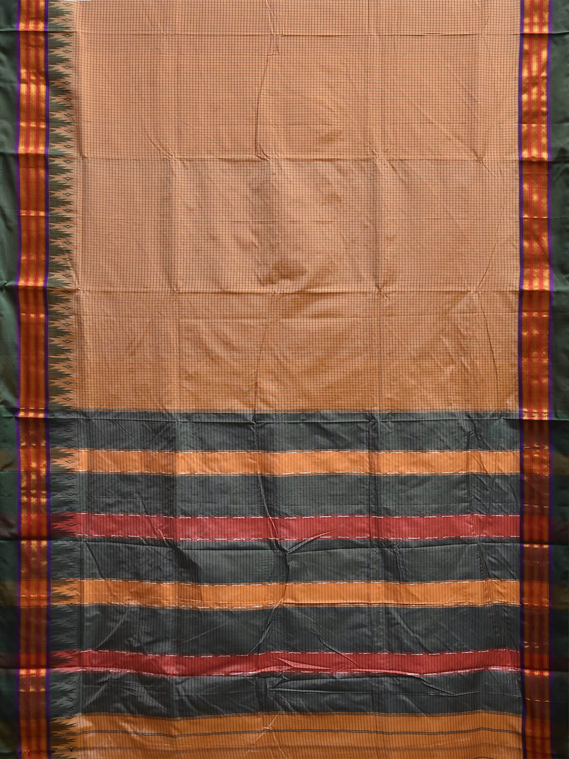 Cream and Grey ilkal Viscose Saree with Checks and Strips Pallu Design il0097