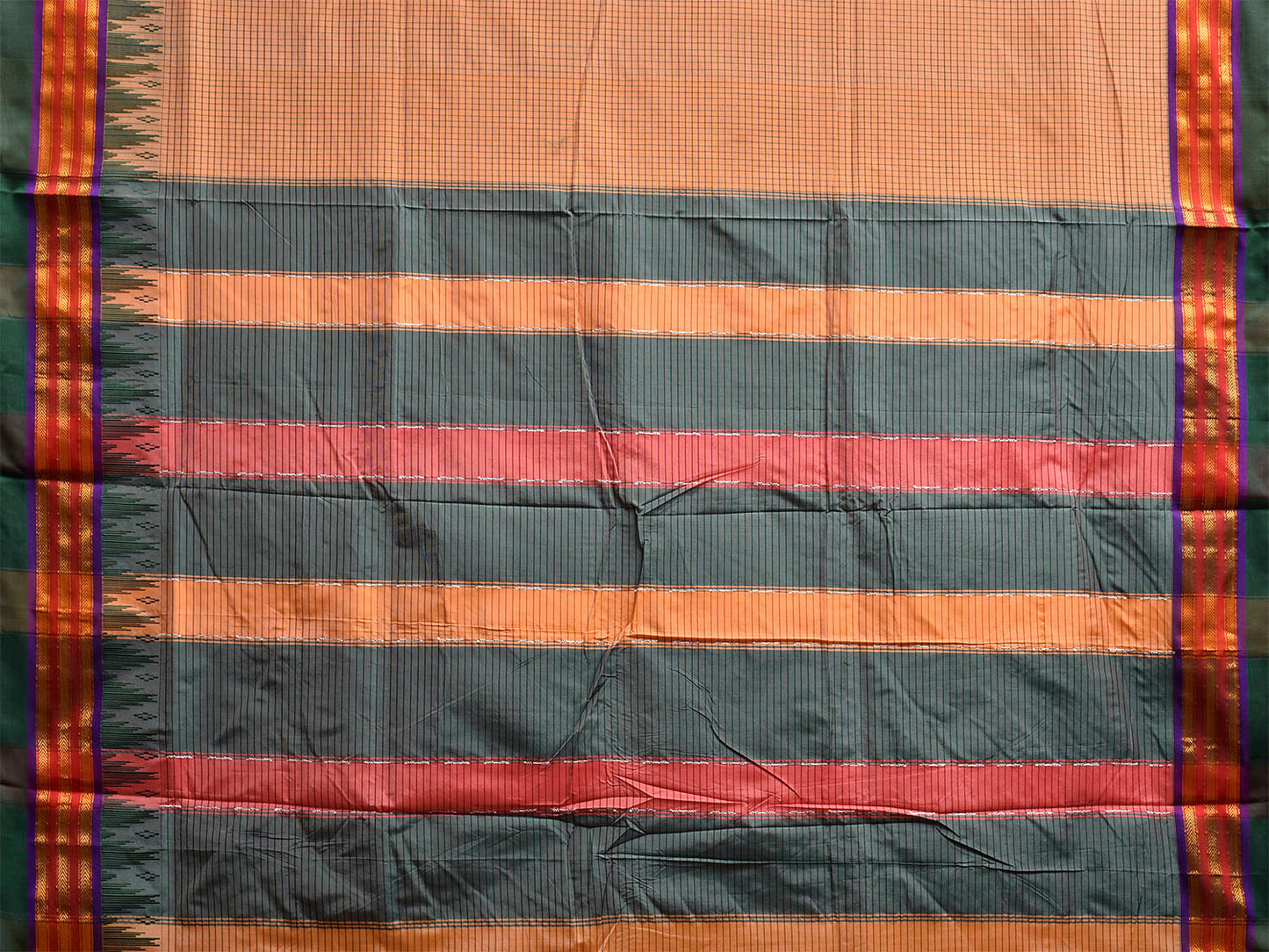 Cream and Grey ilkal Viscose Saree with Checks and Strips Pallu Design il0097