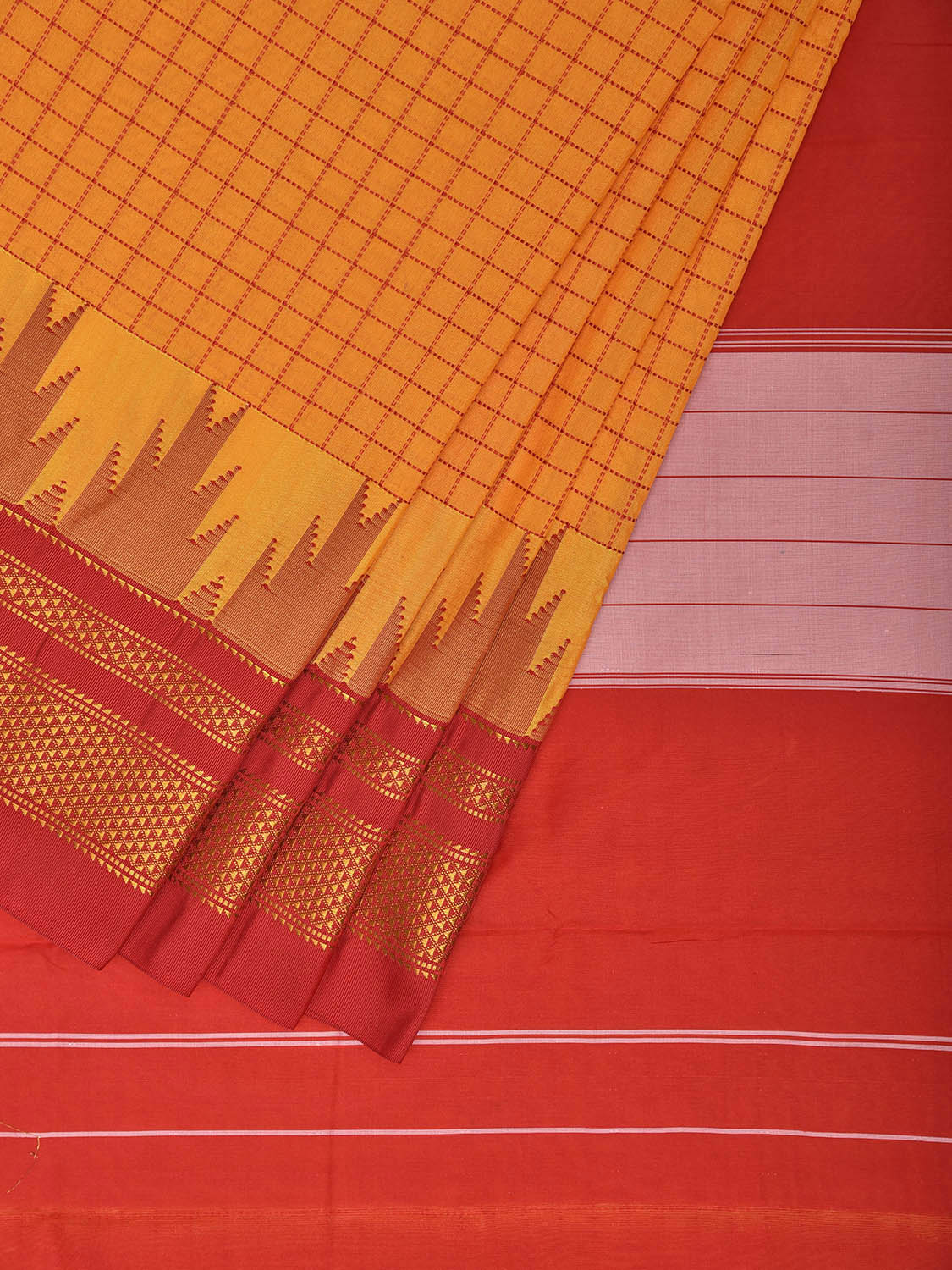 Yellow and Red ilkal Viscose Saree with Big Temple Border and Checks Design il0099