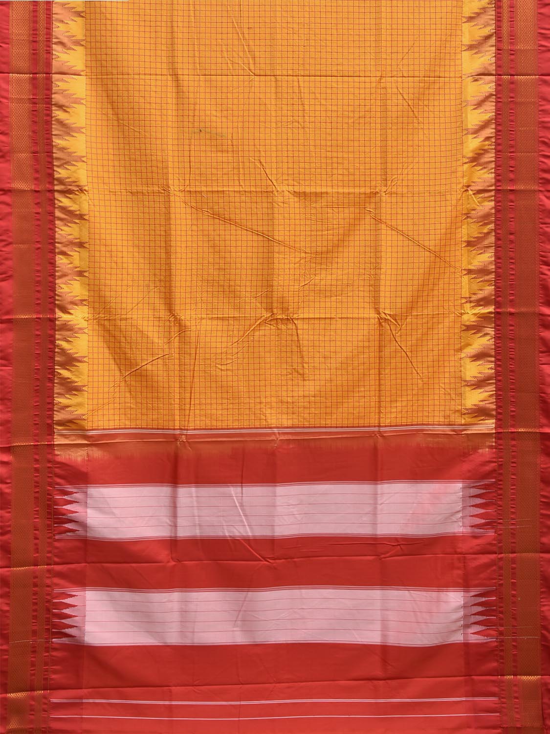 Yellow and Red ilkal Viscose Saree with Big Temple Border and Checks Design il0099