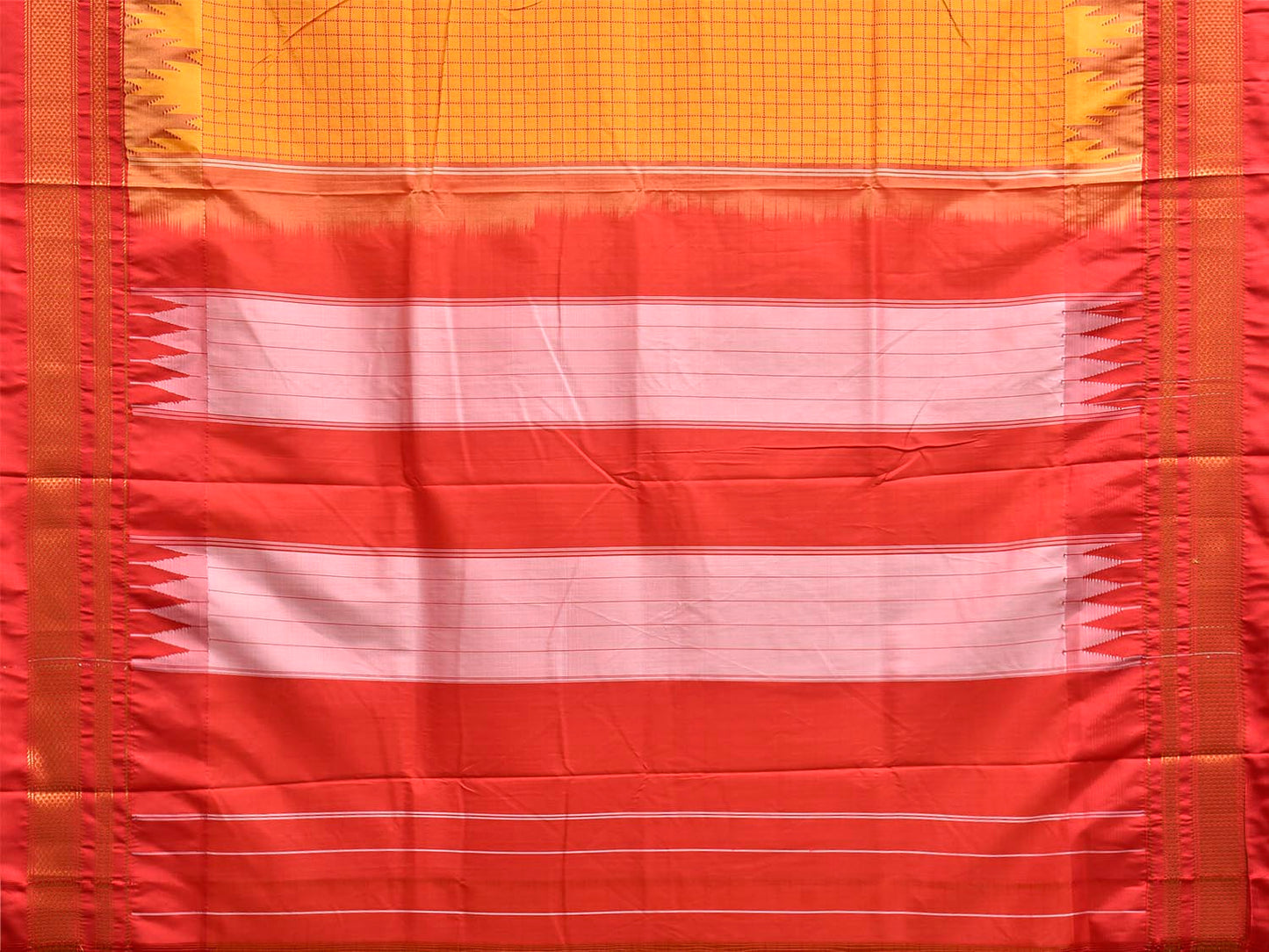 Yellow and Red ilkal Viscose Saree with Big Temple Border and Checks Design il0099