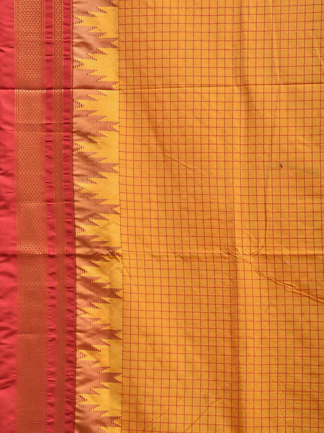 Yellow and Red ilkal Viscose Saree with Big Temple Border and Checks Design il0099