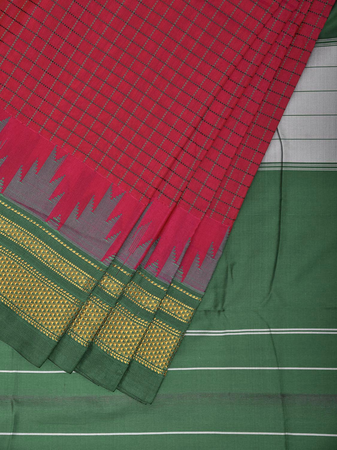 Pink and Green ilkal Viscose Saree with Big Temple Border and Checks Design il0100