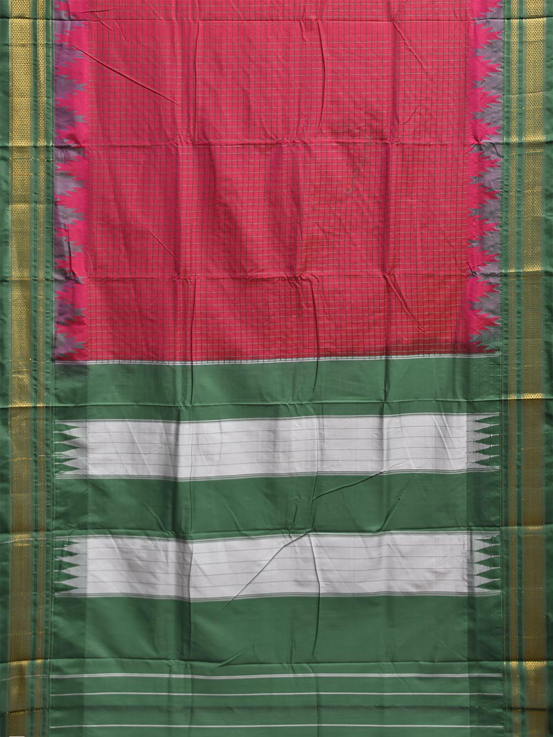 Pink and Green ilkal Viscose Saree with Big Temple Border and Checks Design il0100