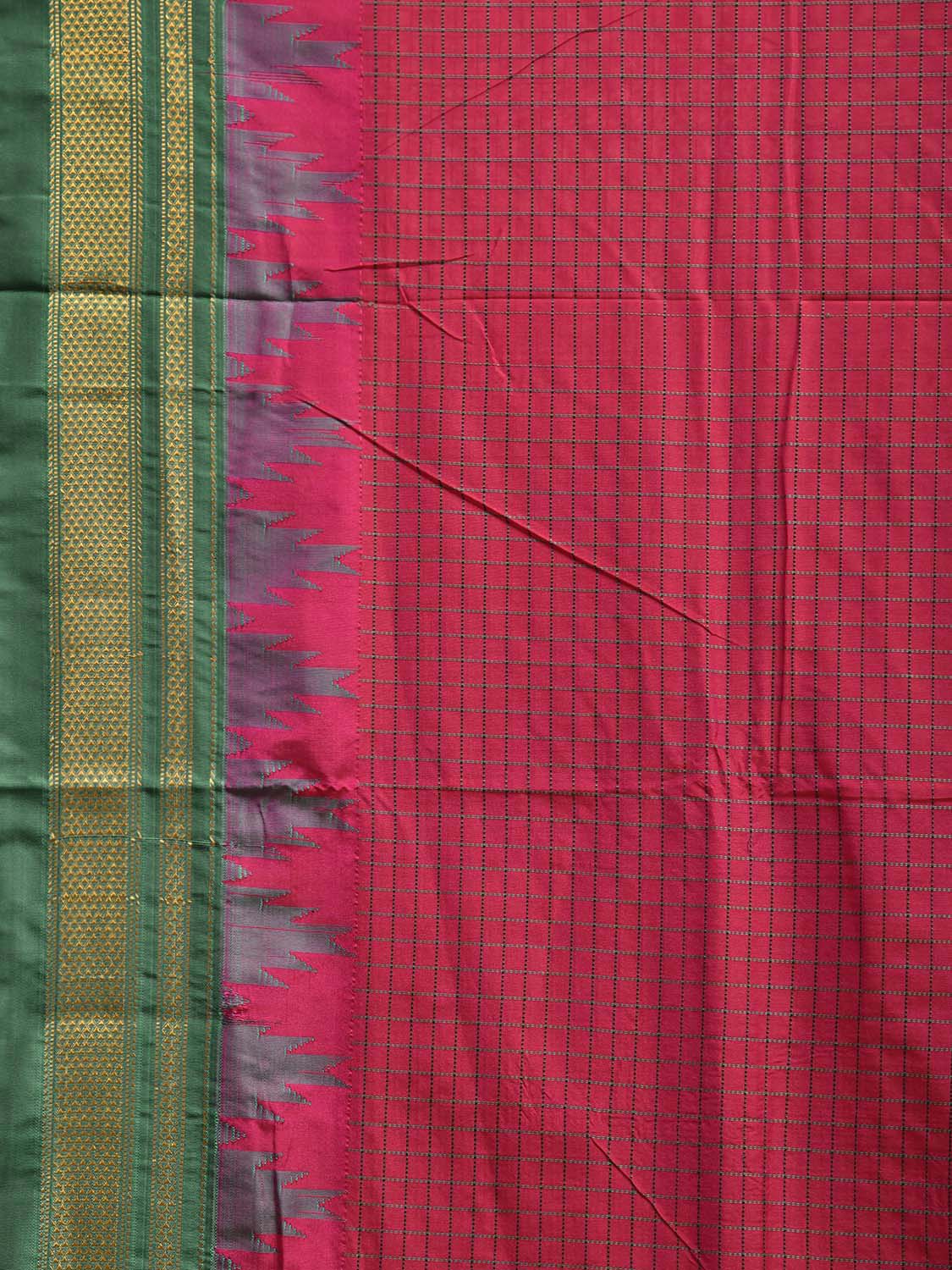 Pink and Green ilkal Viscose Saree with Big Temple Border and Checks Design il0100