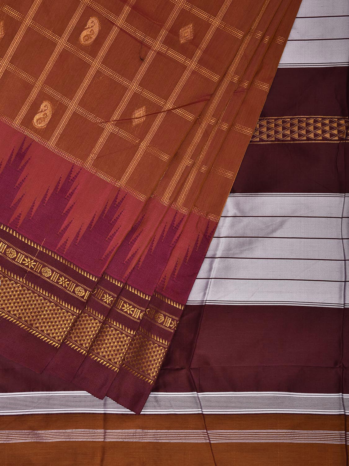 Dark Fawn and Brown ilkal Viscose Saree with Big Temple Border and Checks Design il0104