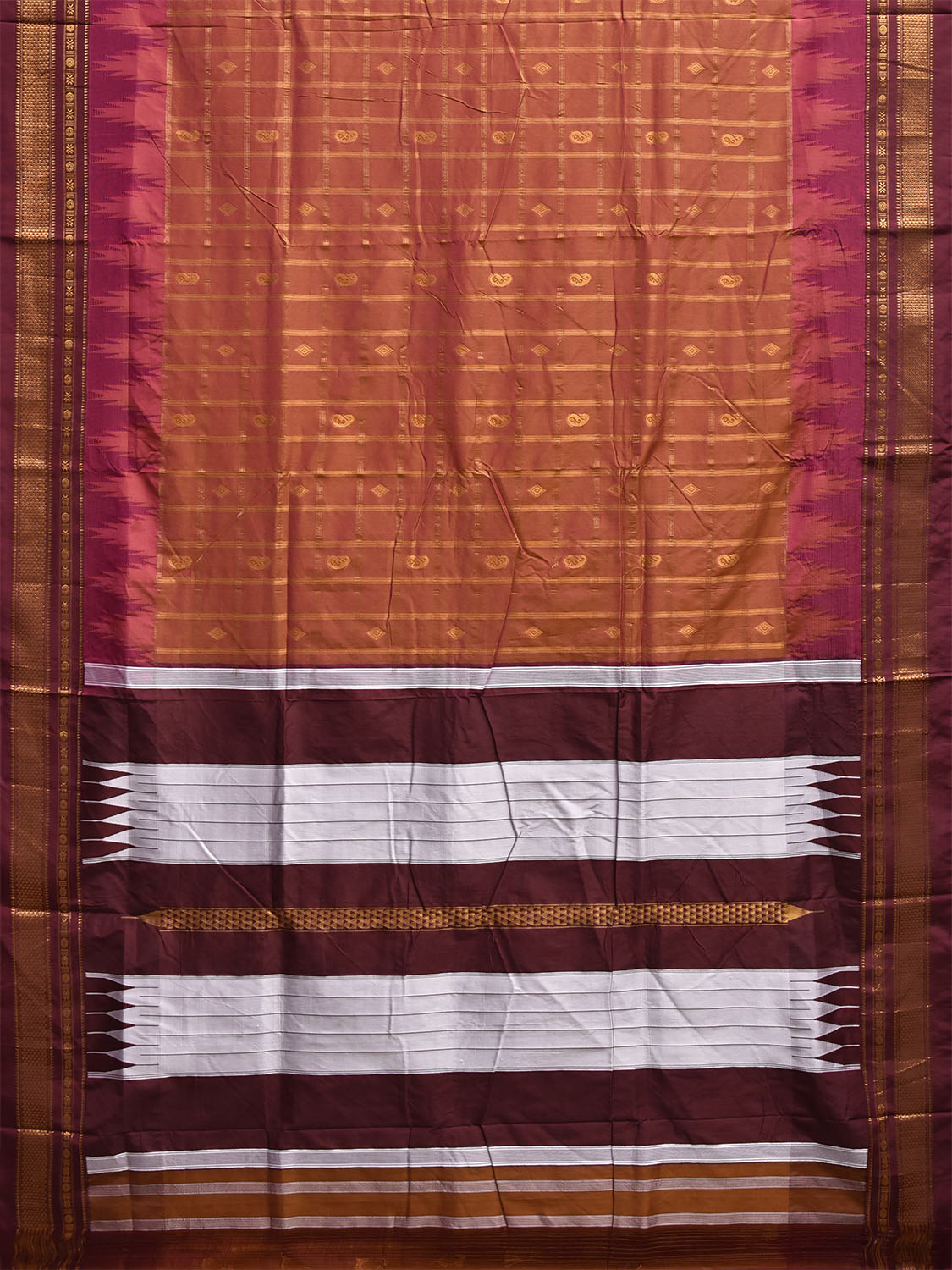 Dark Fawn and Brown ilkal Viscose Saree with Big Temple Border and Checks Design il0104