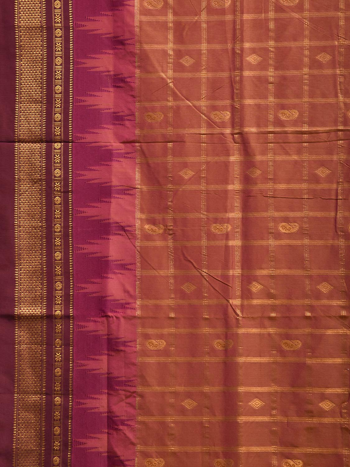 Dark Fawn and Brown ilkal Viscose Saree with Big Temple Border and Checks Design il0104