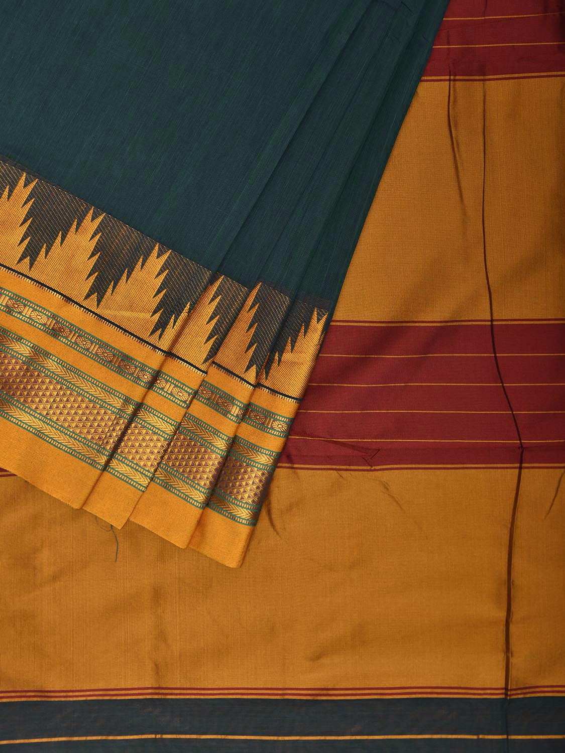 Green and Yellow ilkal Viscose Plain Saree with Contrast Pallu and Temple Border Design il0107