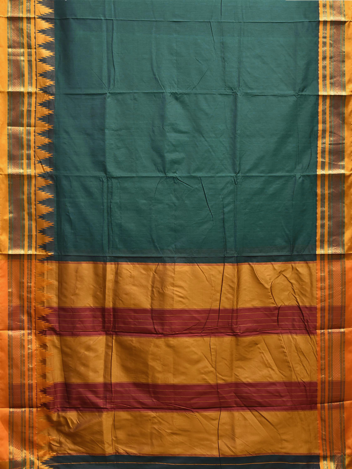 Green and Yellow ilkal Viscose Plain Saree with Contrast Pallu and Temple Border Design il0107