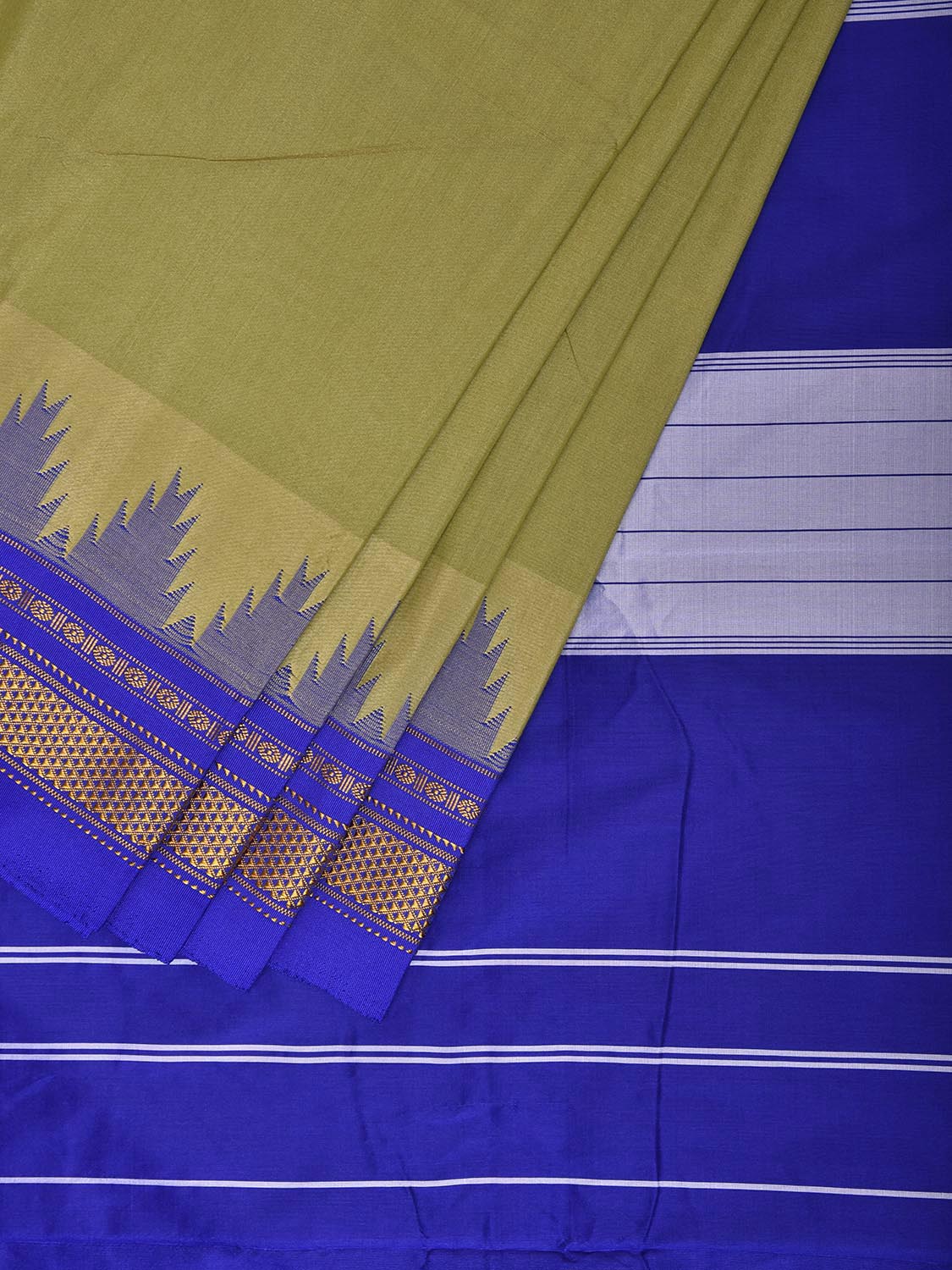 Light Olive and Blue ilkal Viscose Plain Saree with Contrast Pallu and Big Temple Border Design il0108