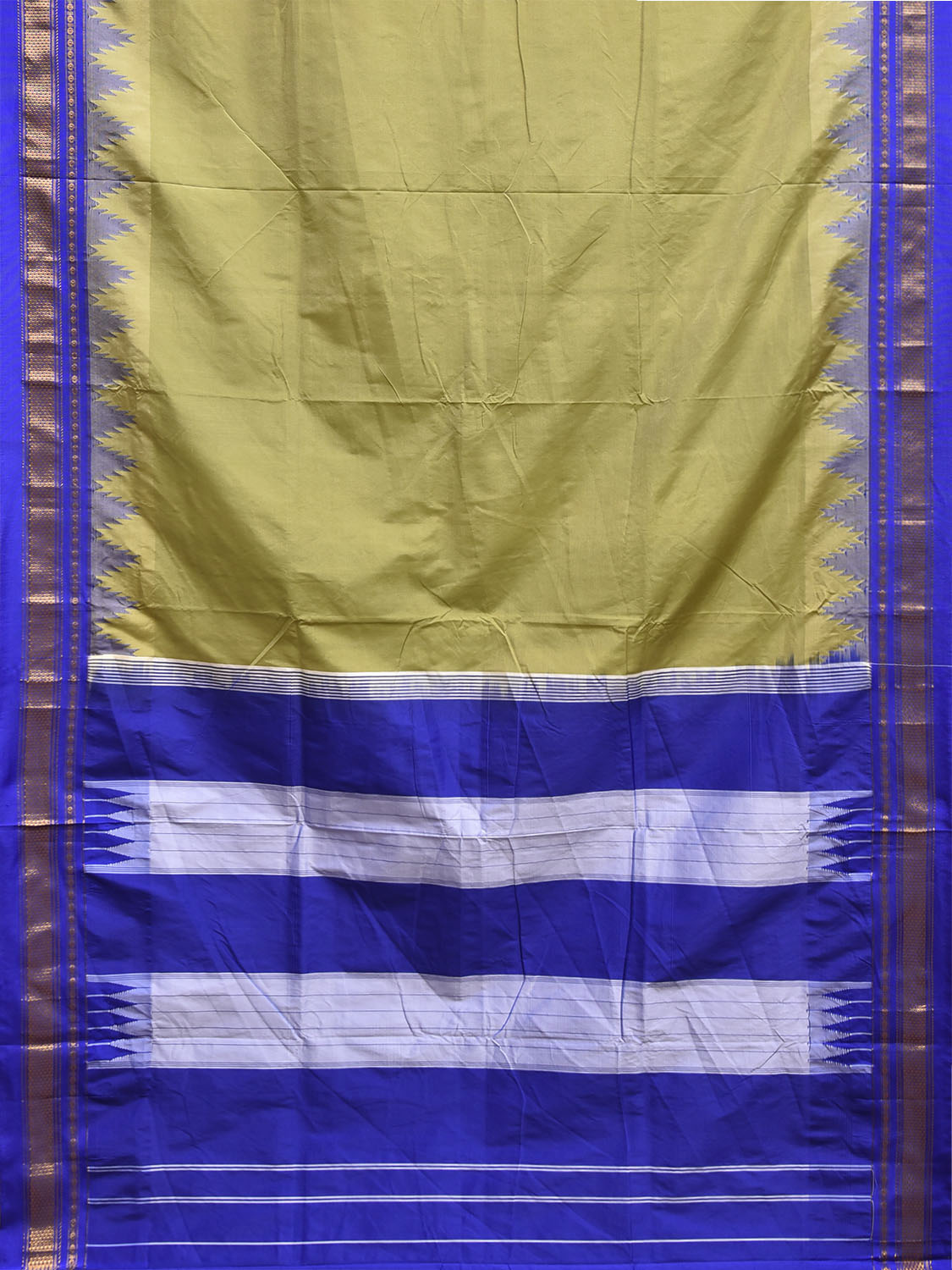 Light Olive and Blue ilkal Viscose Plain Saree with Contrast Pallu and Big Temple Border Design il0108